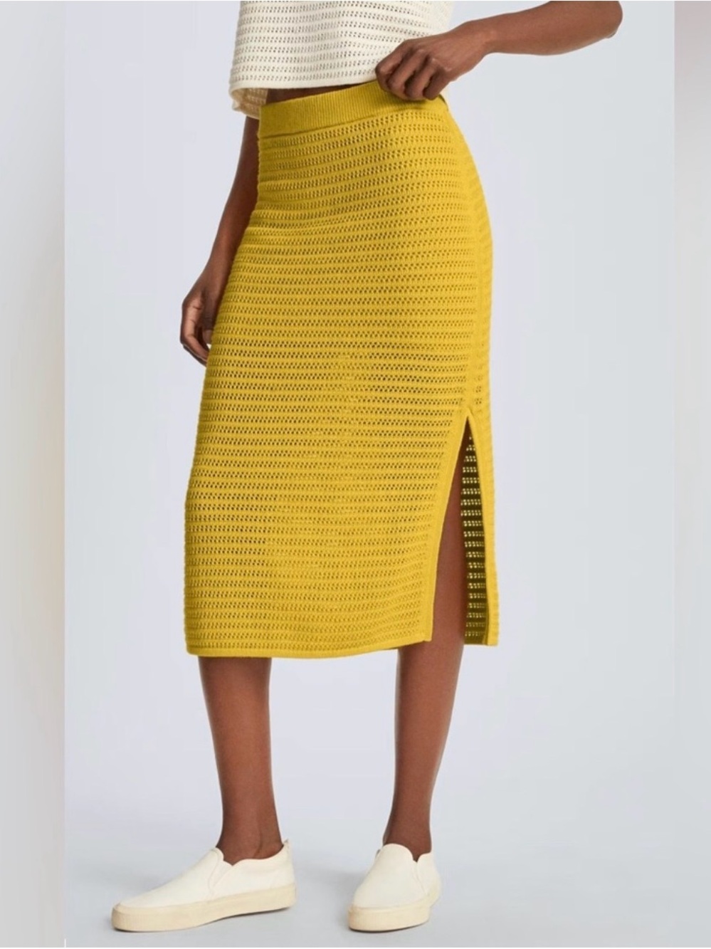 NWT Everlane Yellow Open Knit Midi Skirt Side Slit - Picture 2 of 3